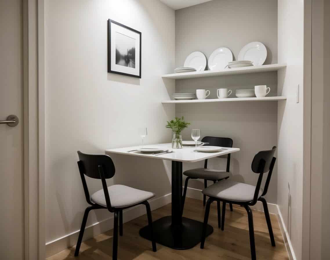 A small dining table tucked neatly into a corner, surrounded by compact chairs. Shelves on the wall hold minimal dinnerware