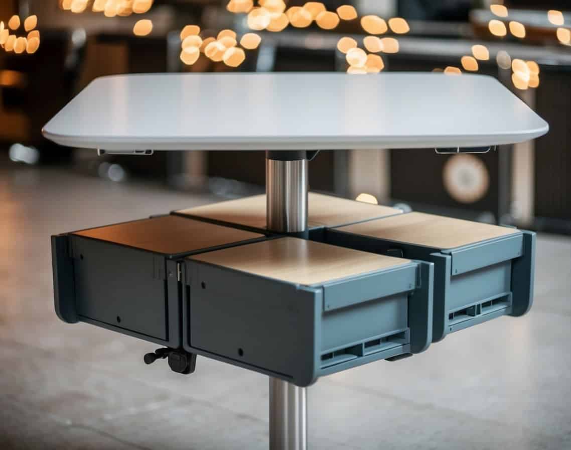 A compact dining table with built-in storage compartments and adjustable features