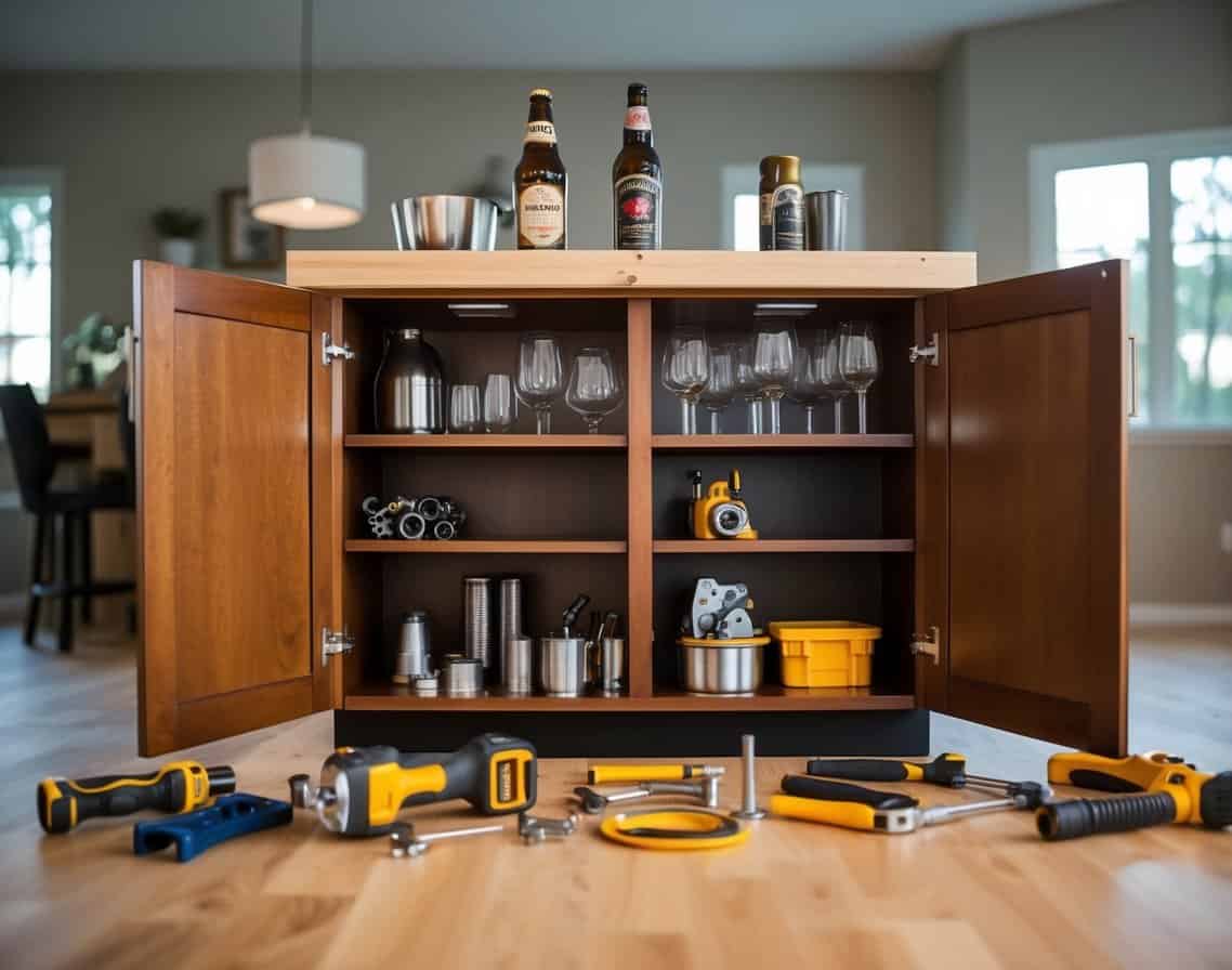 An open home bar cabinet surrounded by tools and hardware during the installation process