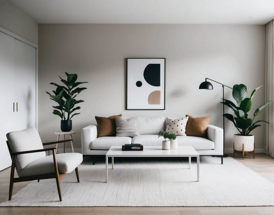 A minimalist living room with clean lines, neutral colors, and simple furniture. Decorative elements include a few carefully chosen pieces of art and a few well-placed plants