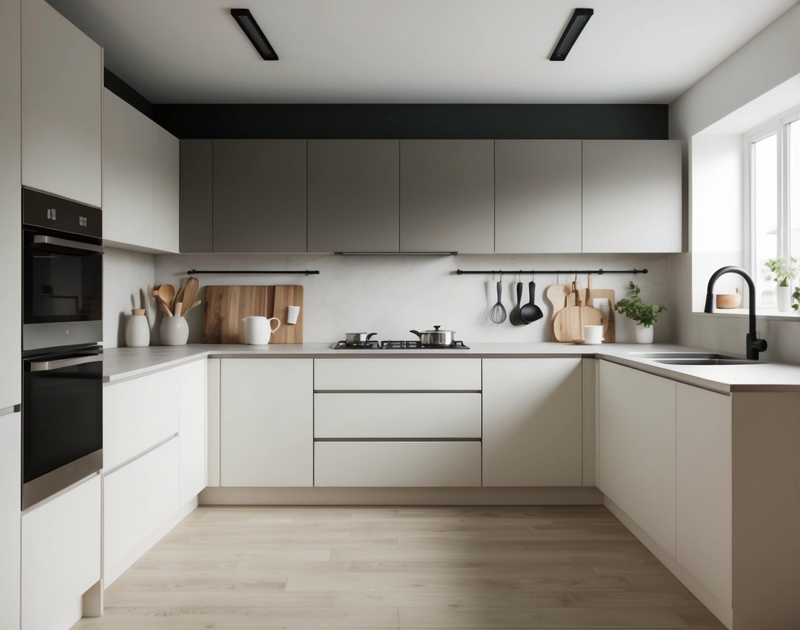 A simple, uncluttered kitchen with clean lines, neutral colors, and few decorative elements