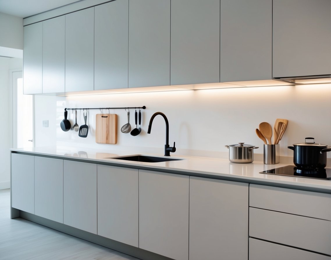 A clean, uncluttered kitchen with sleek, simple cabinets, a spacious white countertop, and a few essential cooking utensils neatly organized on the wall