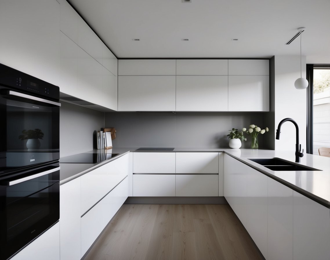 A sleek, clutter-free kitchen with clean lines, monochromatic color scheme, and minimalistic furniture and decor