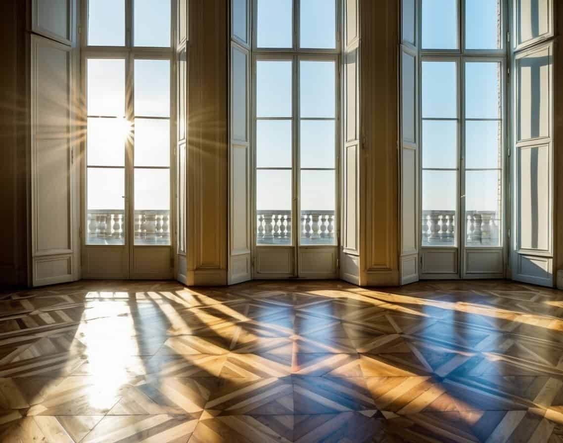 Sunlight streams through tall windows onto a pristine original parquet flooring. Intricate geometric patterns create a sense of timeless elegance