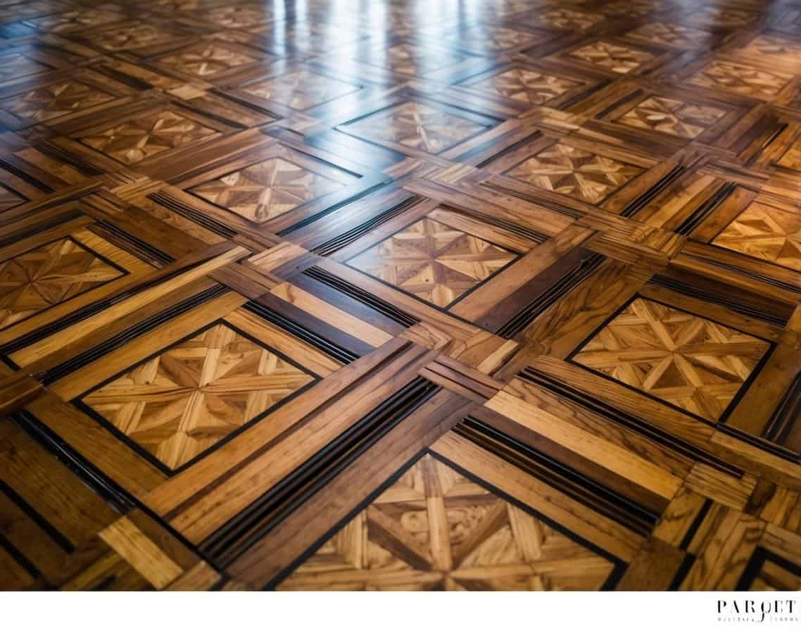 Elaborate parquet flooring with intricate patterns and rich wood tones, showcasing the craftsmanship and history of the traditional flooring technique