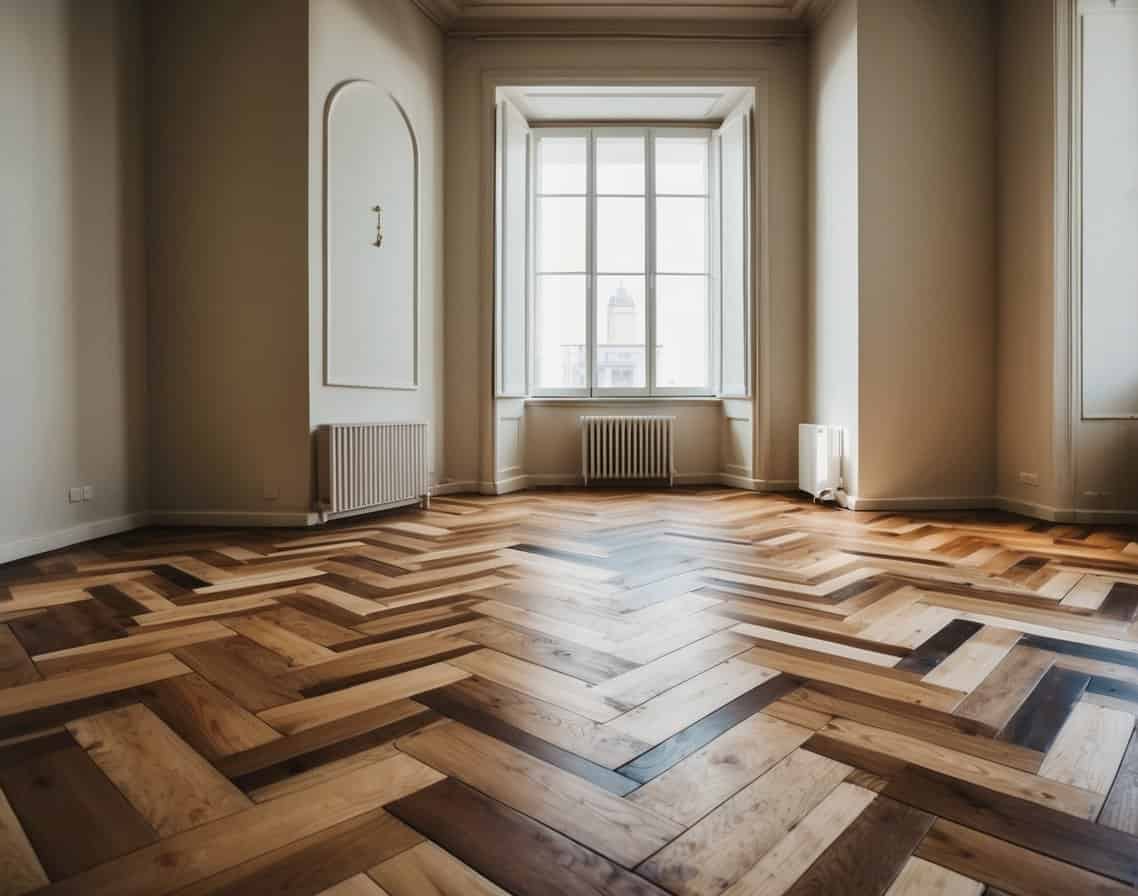 A room with original parquet flooring made of different types and materials