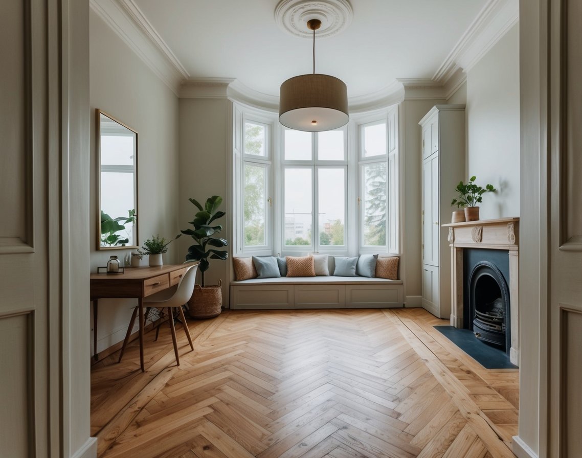 A well-maintained room with original parquet flooring, surrounded by sustainable and eco-friendly decor