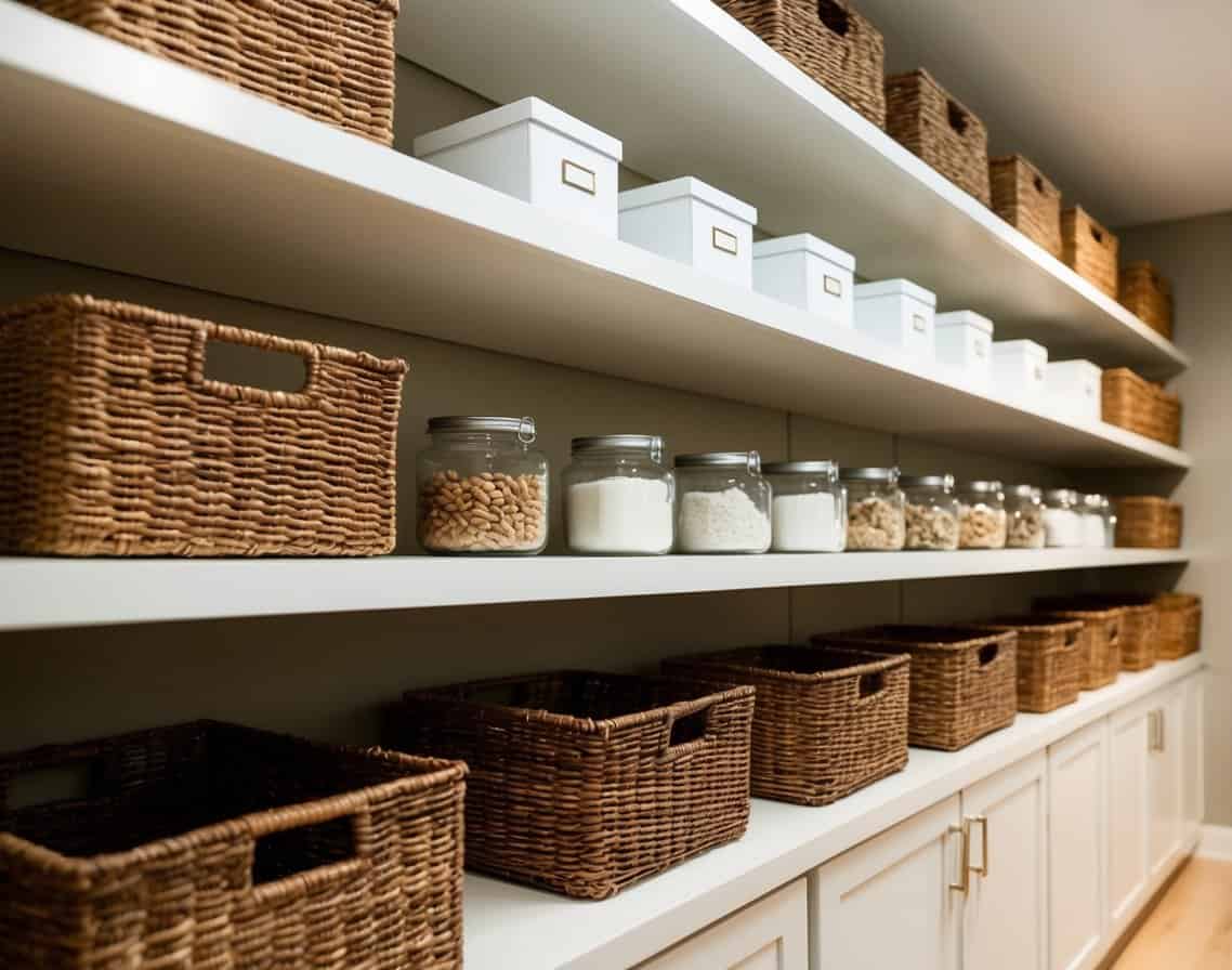 Open shelving with neatly arranged decorative storage items. Baskets, jars, and boxes are organized on the shelves, creating a visually appealing and functional storage solution