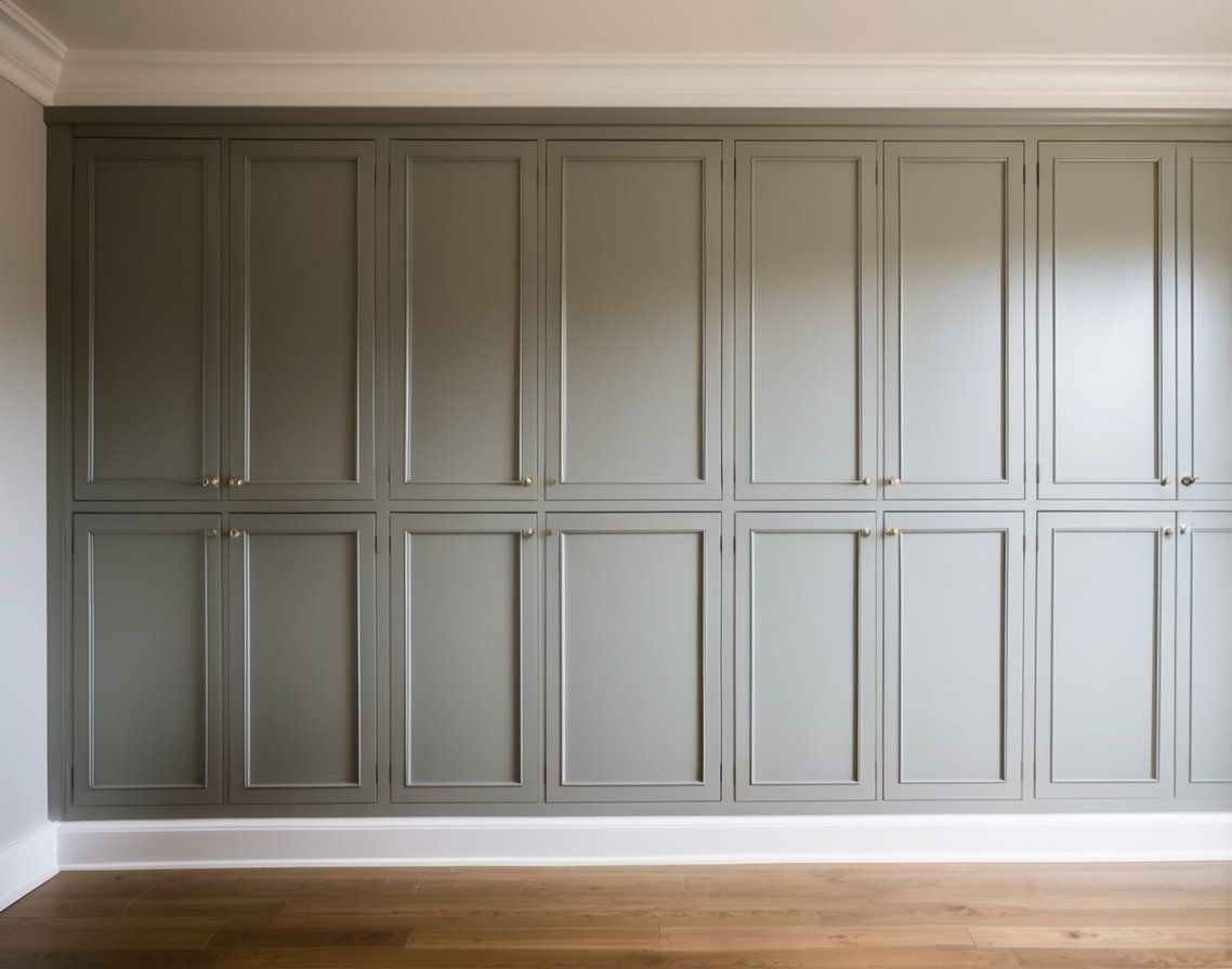 A wall with concealed cabinets built seamlessly into the paneling