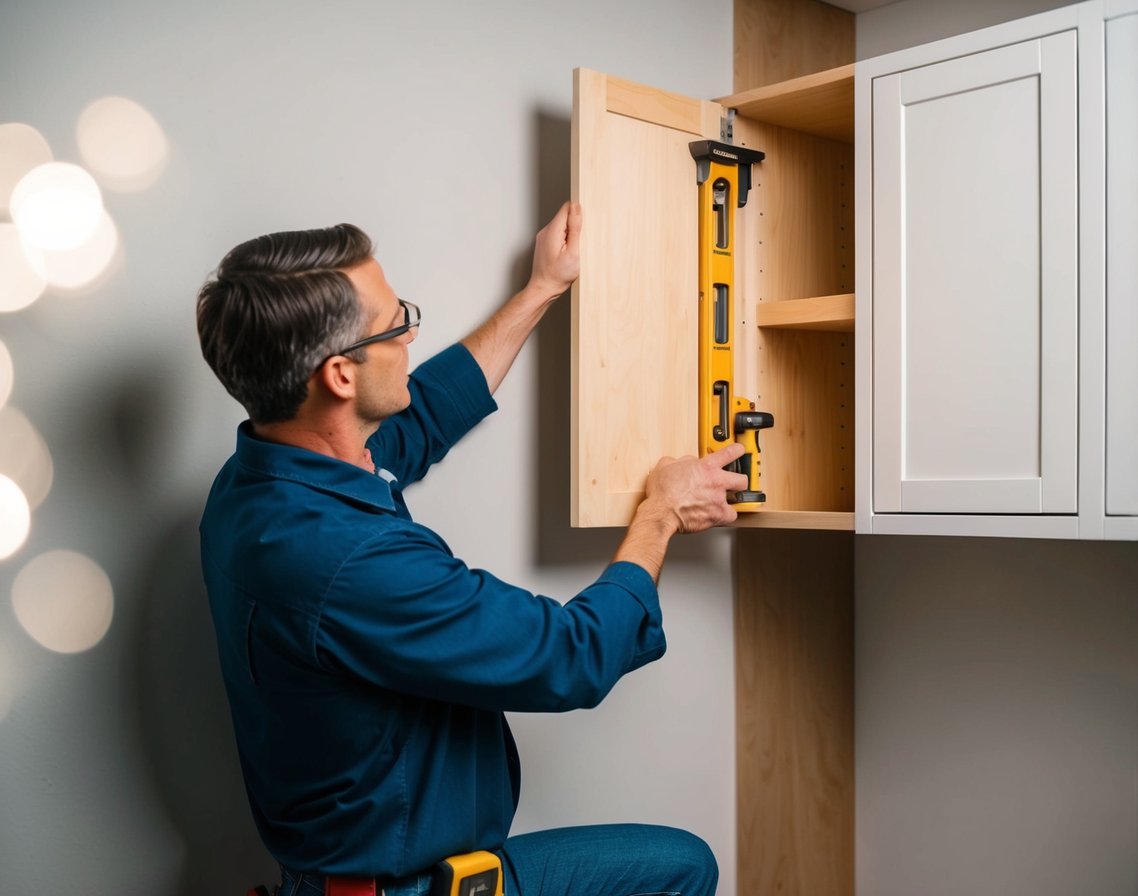 A carpenter installing hidden cabinets inside a wall, using a level and drill