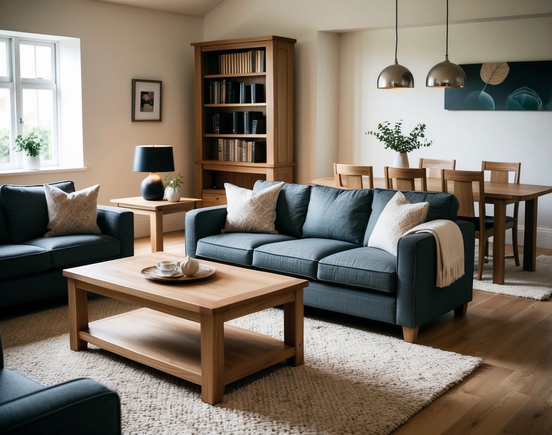 A cozy living room with bespoke oak furniture, including a handcrafted coffee table, a sturdy bookshelf, and a sleek dining table with matching chairs