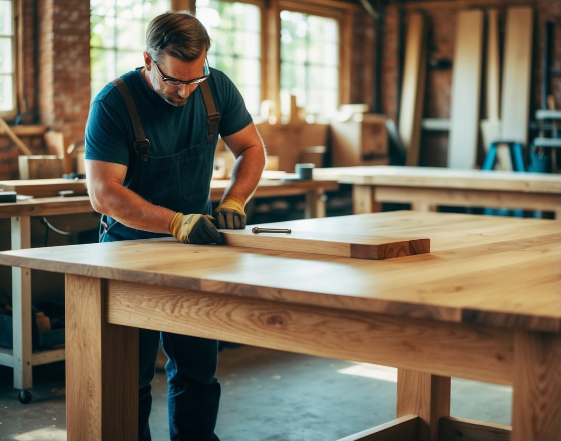 A woodworker shaping a bespoke oak table with hand tools in a sunlit workshop