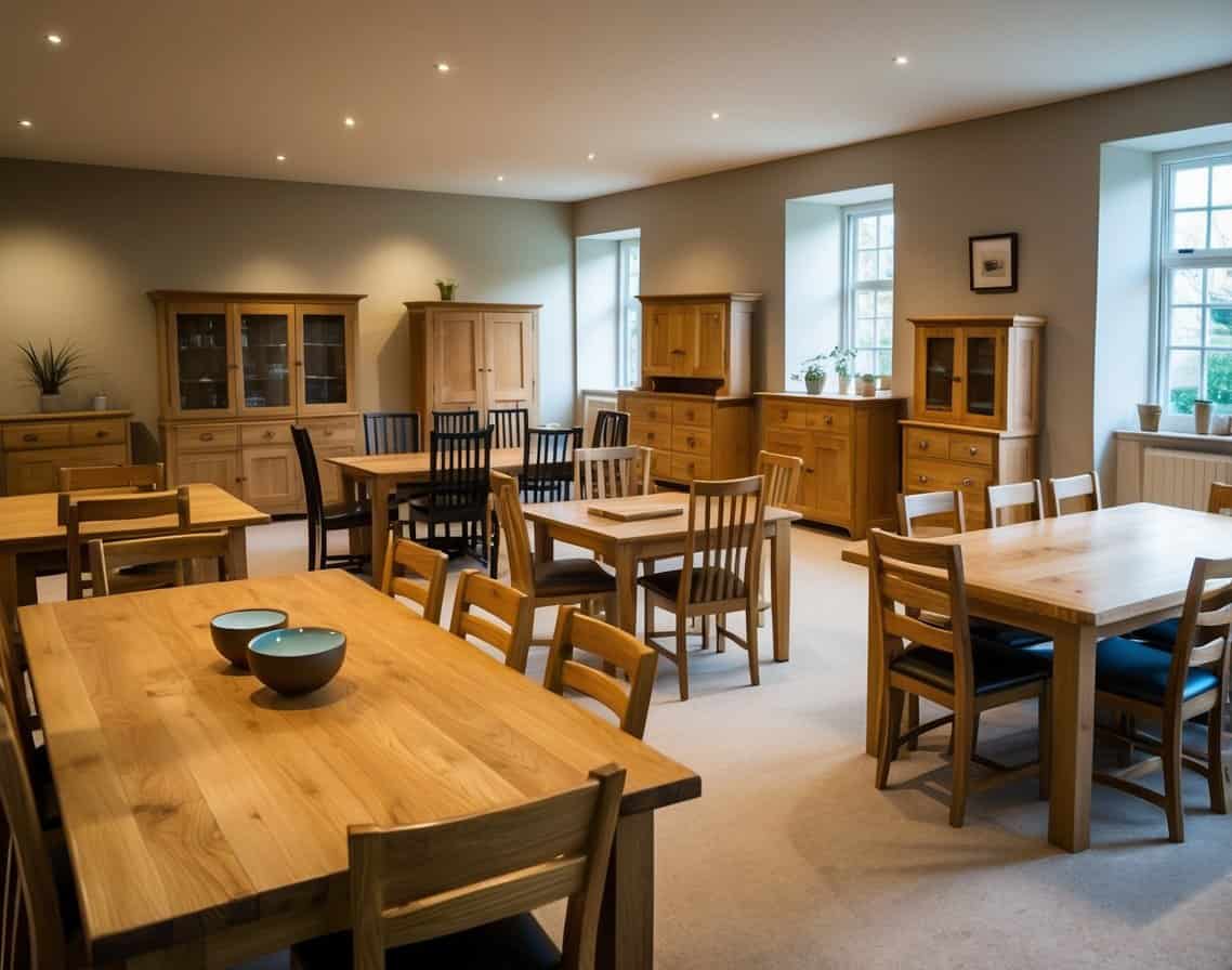 A room filled with a diverse range of bespoke oak furniture, including tables, chairs, and cabinets, showcasing the craftsmanship and beauty of the natural wood