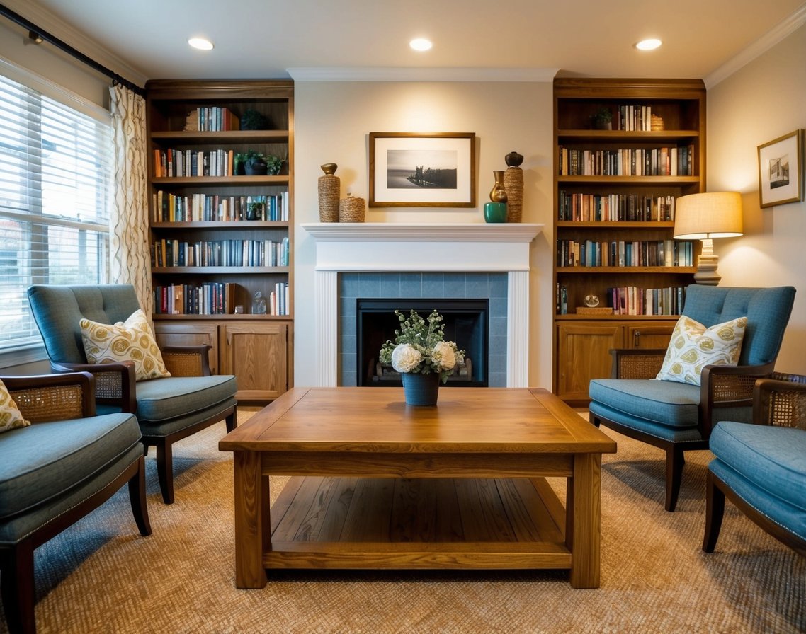 A cozy living room with a custom oak coffee table, surrounded by matching chairs and shelves filled with books and decorative items